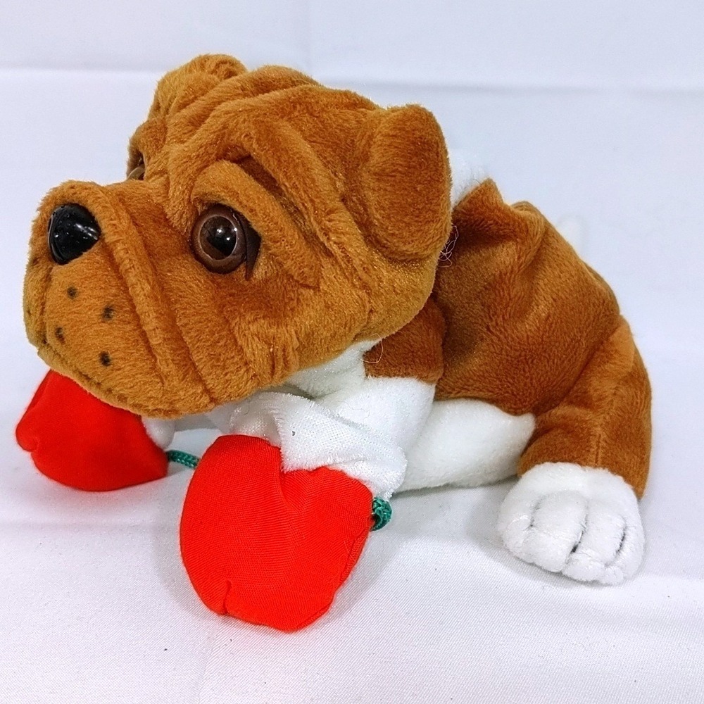 VTG 1999 Plushland Bulldog Boxing Gloves Plush Stuffed Animal Dog Brown White 7"